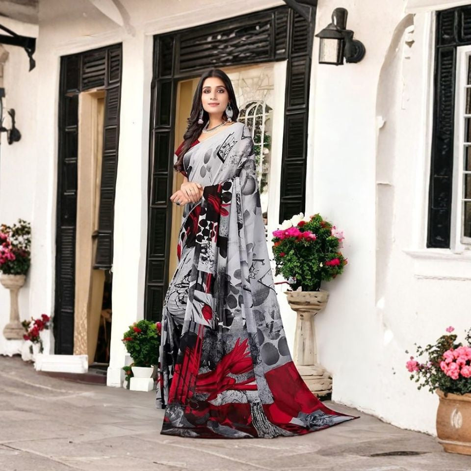 Ash Rose Harmony Grey & Red Georgette Saree