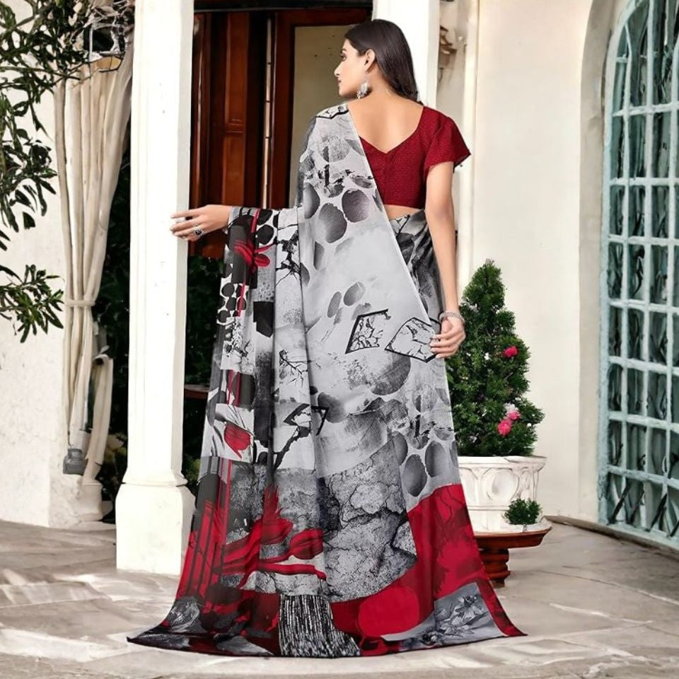 Ash Rose Harmony Grey & Red Georgette Saree