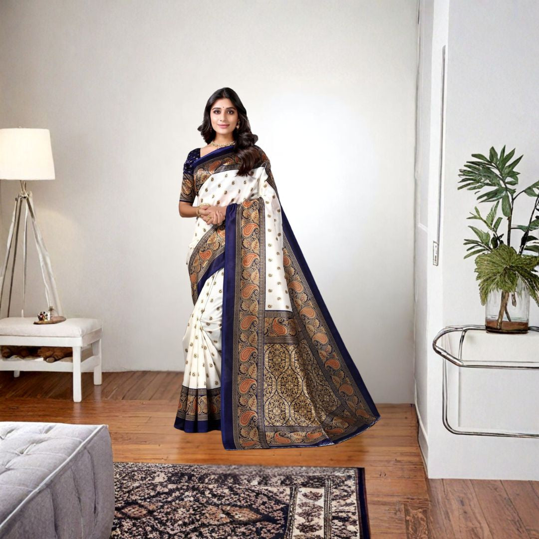 Ivory Navy Art Silk Antique Print Saree