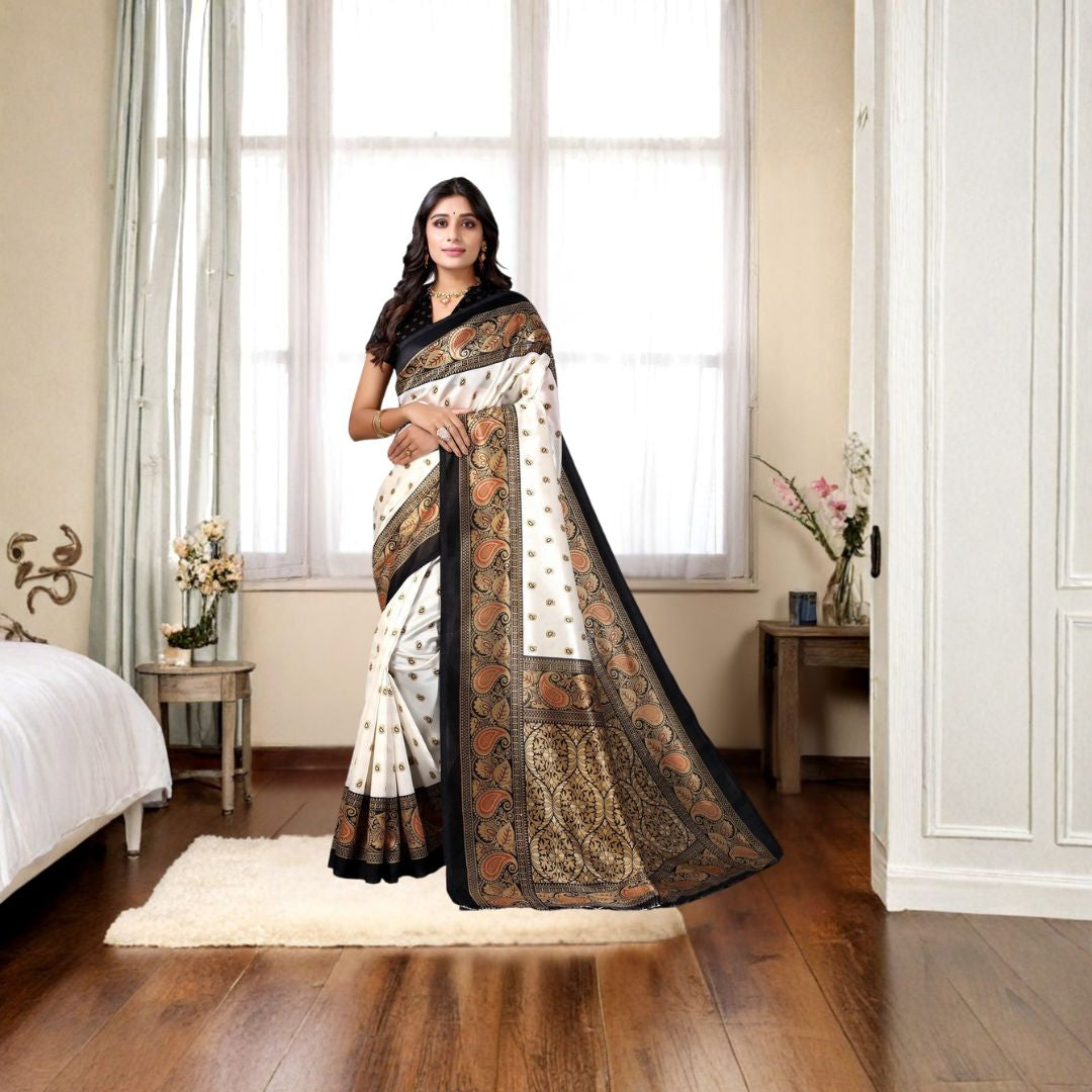 Ivory Noir Art Silk Classic Print Saree