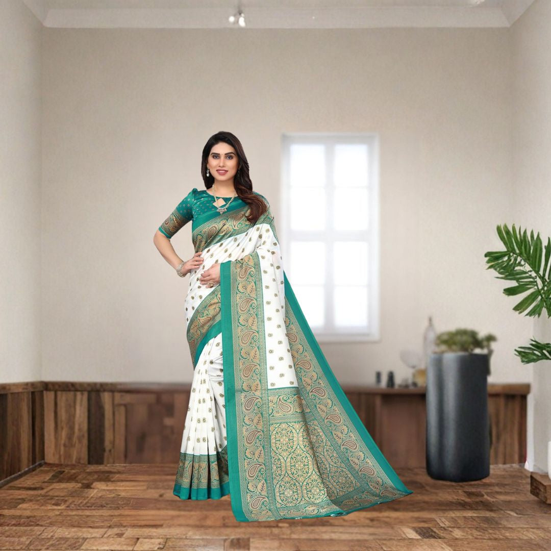 Ivory Turquoise Art Silk Royal Print Saree