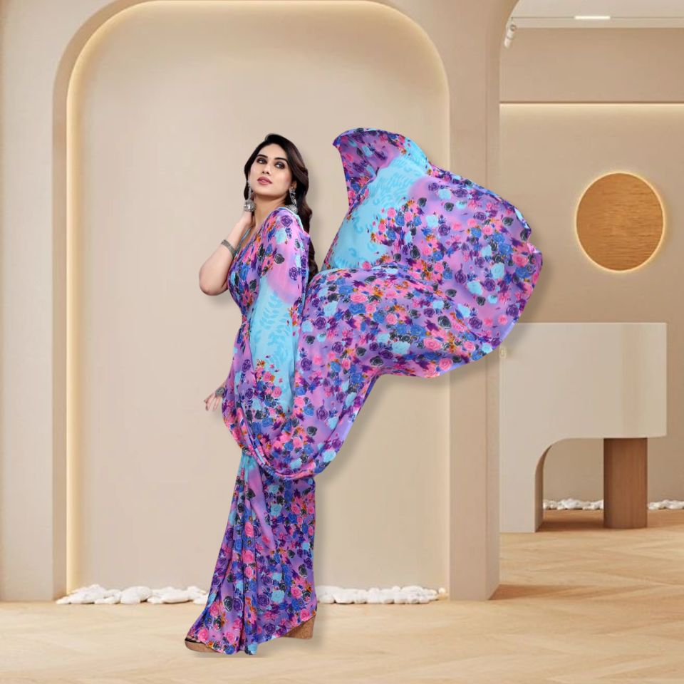 Maroon Bloom Dual-Tone Georgette Floral Saree