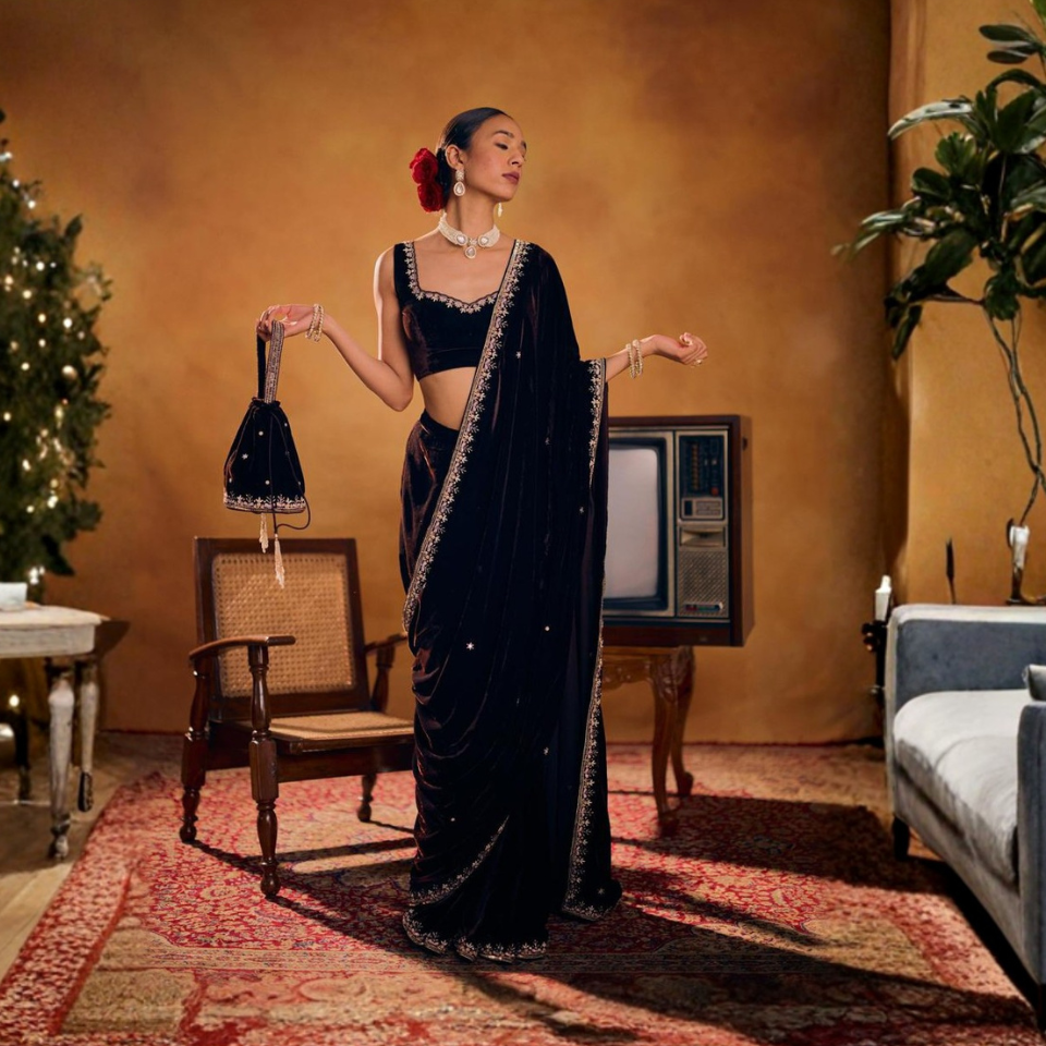 Noor Black Velvet Bridal Embroidered Saree