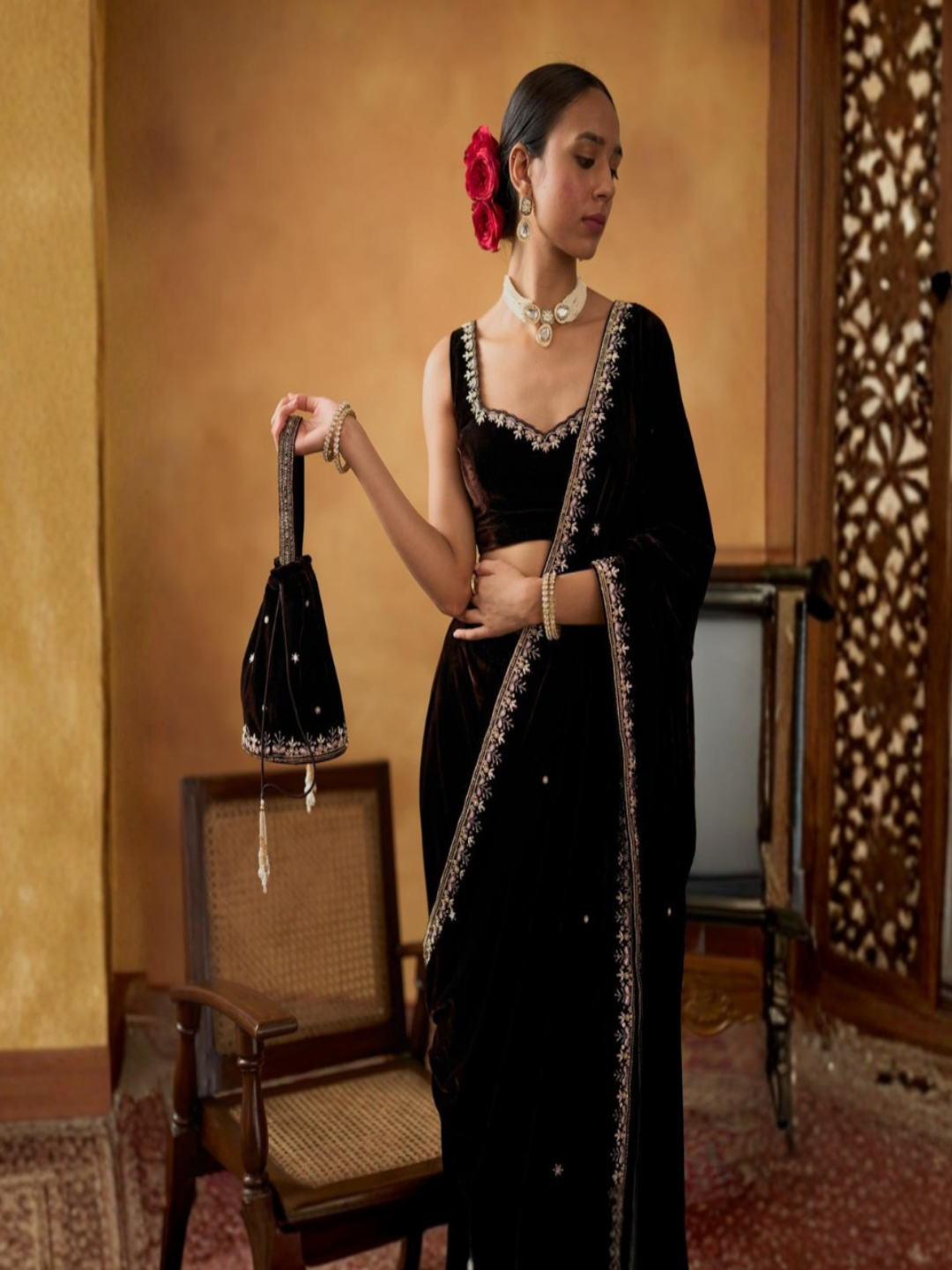 Noor Black Velvet Bridal Embroidered Saree