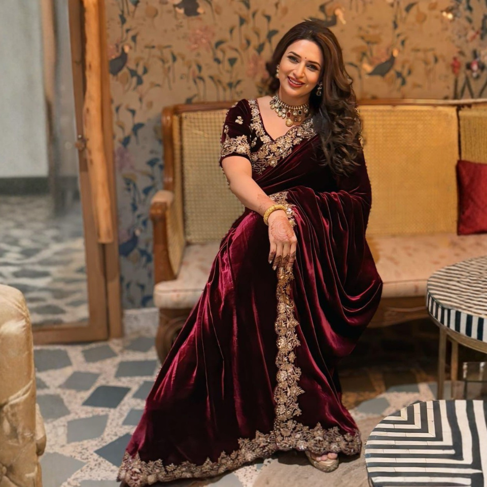 Zehra Maroon Velvet Designer Winter Saree