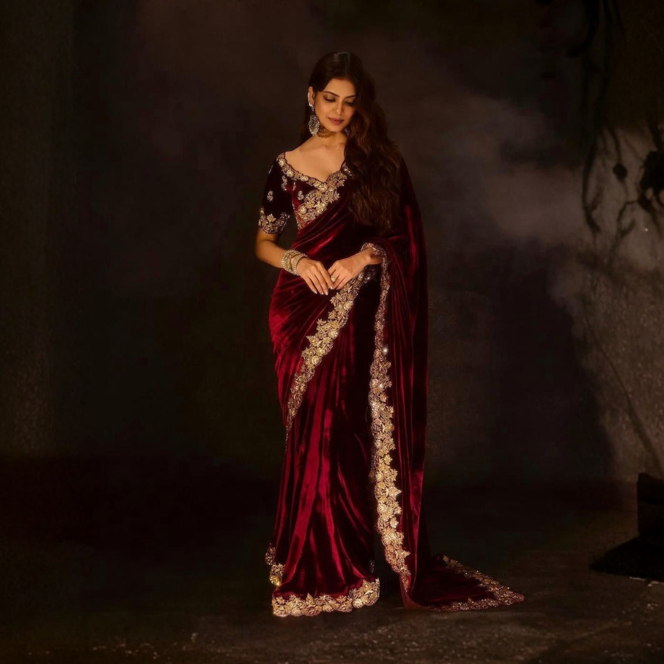 Zehra Maroon Velvet Designer Winter Saree