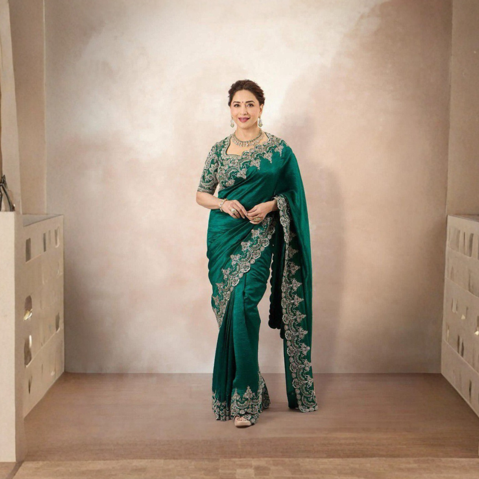 Madhuri-Inspired Dark Green Rangoli Silk Saree