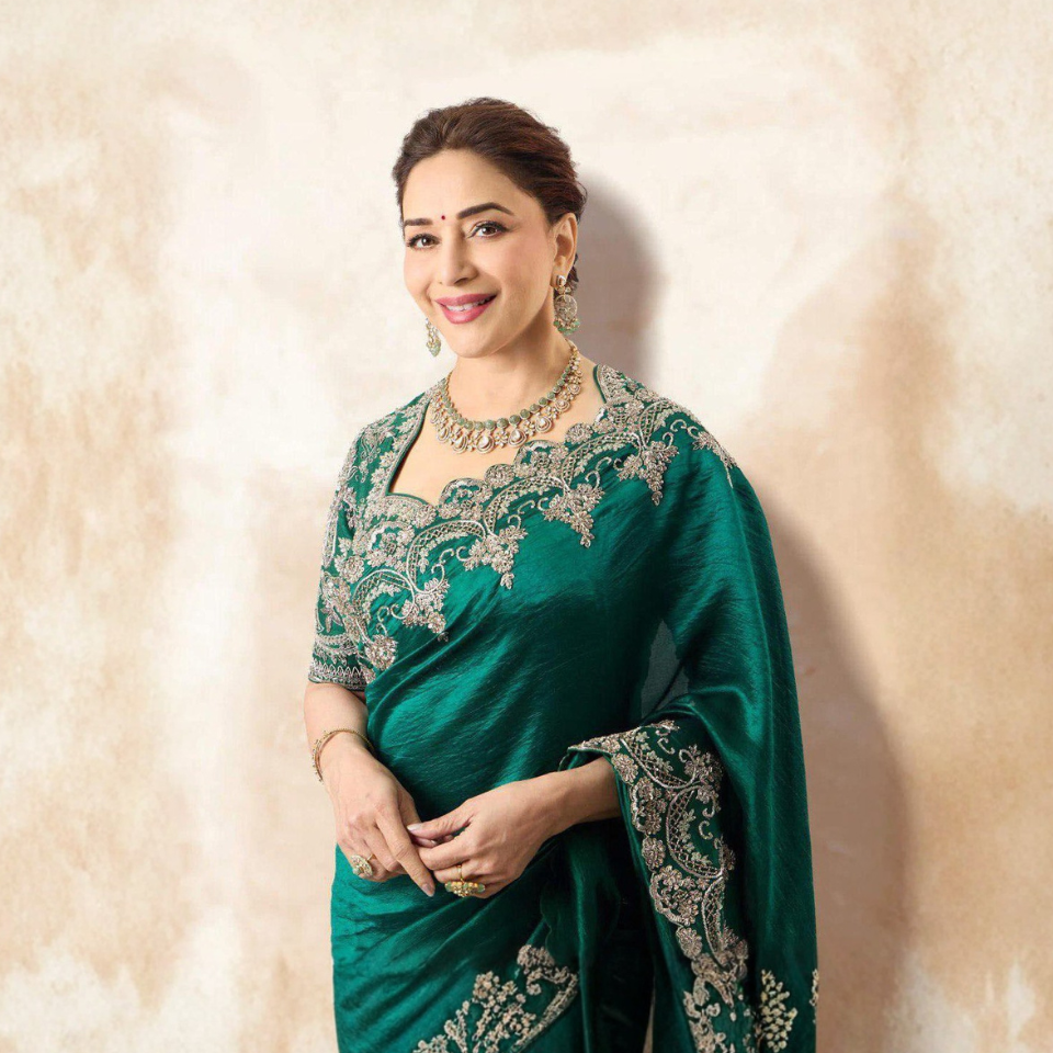 Madhuri-Inspired Dark Green Rangoli Silk Saree