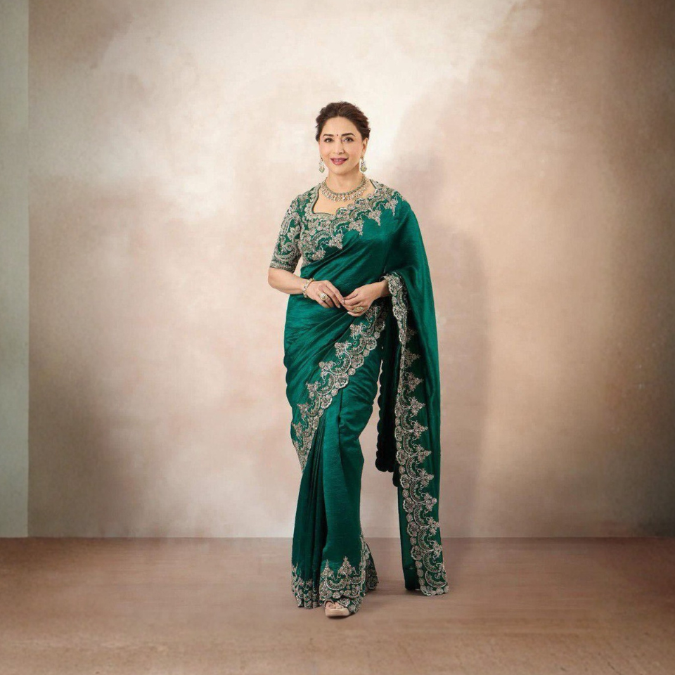 Madhuri-Inspired Dark Green Rangoli Silk Saree
