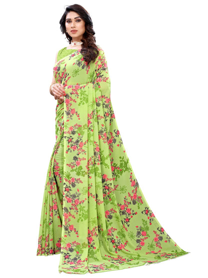 Georgette Floral Parrot Green Saree
