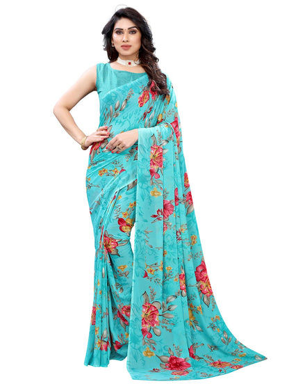 Georgette Floral Aqua Blue Saree