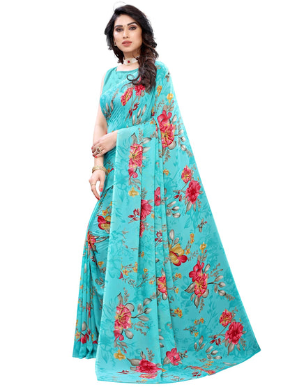 Georgette Floral Aqua Blue Saree
