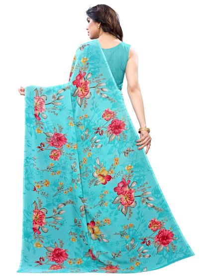 Georgette Floral Aqua Blue Saree