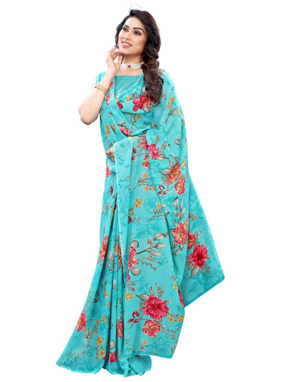 Georgette Floral Aqua Blue Saree