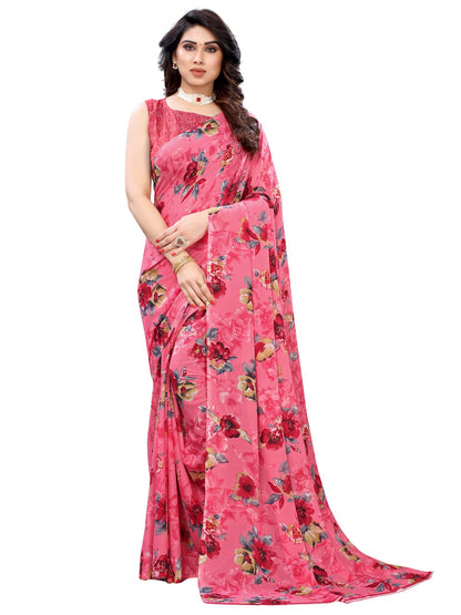 Georgette Floral Pink Saree
