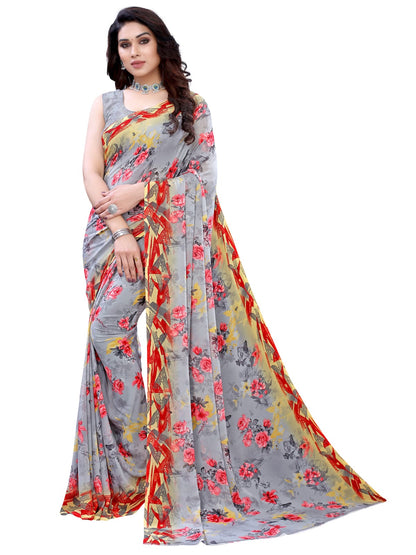 Georgette Floral Multi-Grey Saree