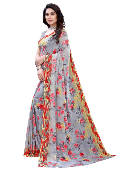 Georgette Floral Multi-Grey Saree
