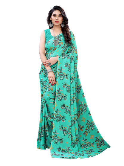 Georgette Floral Turquoise Green Saree