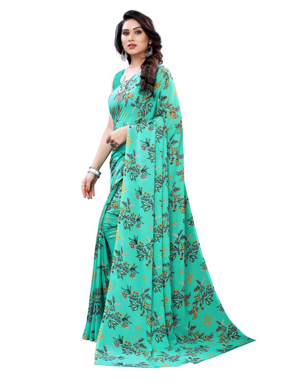 Georgette Floral Turquoise Green Saree