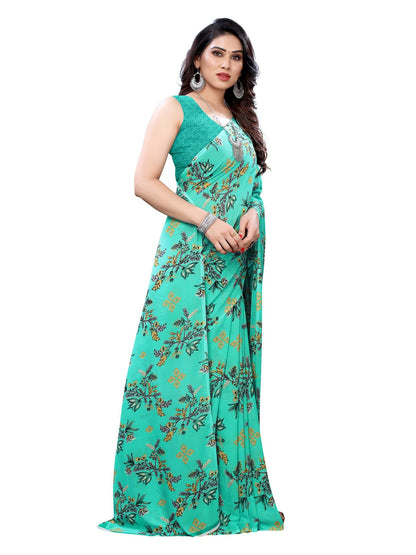 Georgette Floral Turquoise Green Saree
