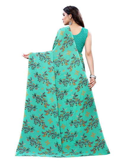 Georgette Floral Turquoise Green Saree