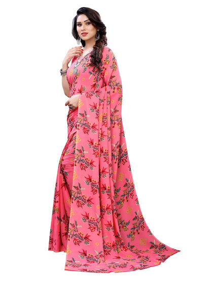 Georgette Floral French Rose Pink Saree
