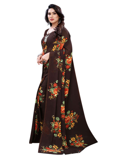 Georgette Floral Brown Saree