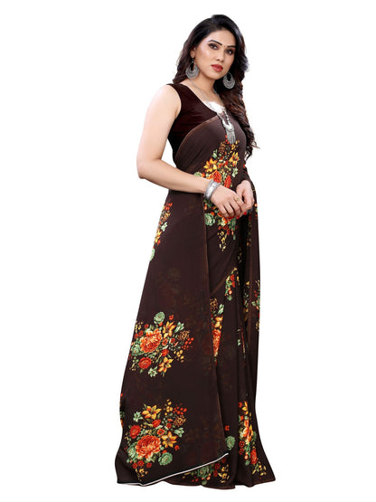 Georgette Floral Brown Saree