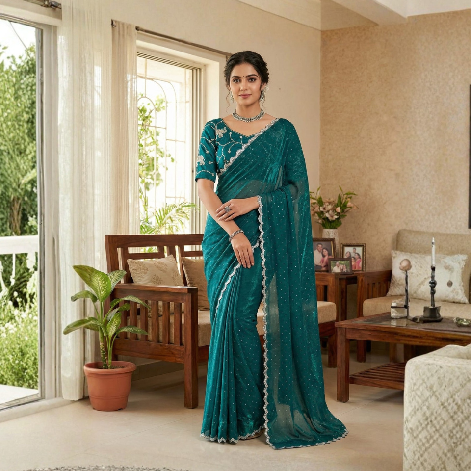 Juhi Teal Elegance Fendy Satin Silk Saree