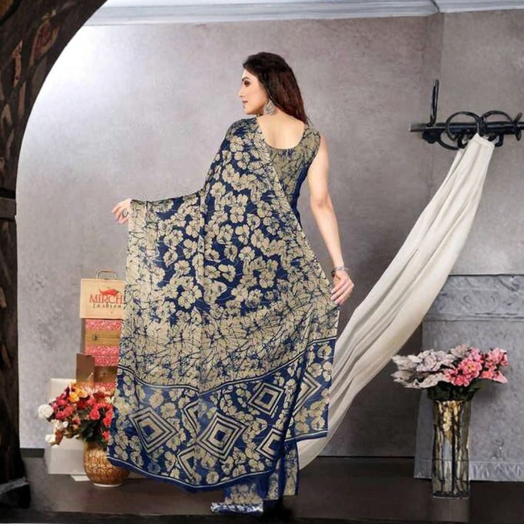 Ocean Bloom Blue-Brown Chiffon Saree