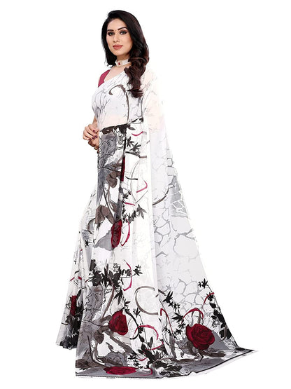 Georgette Floral Purple, White Saree