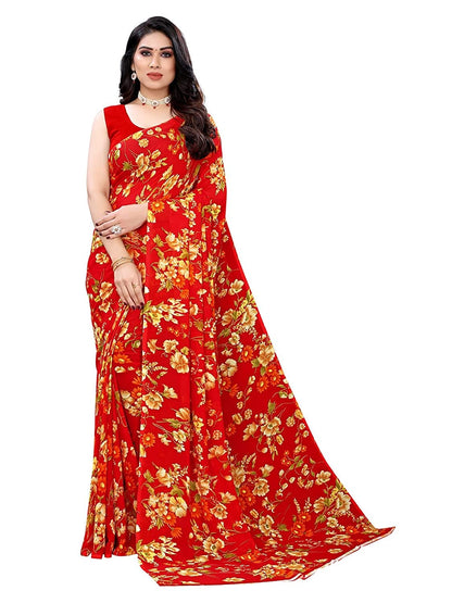 Georgette Floral Red Saree