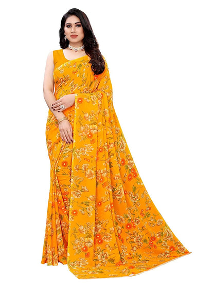 Georgette Floral Turmeric Yellow Saree