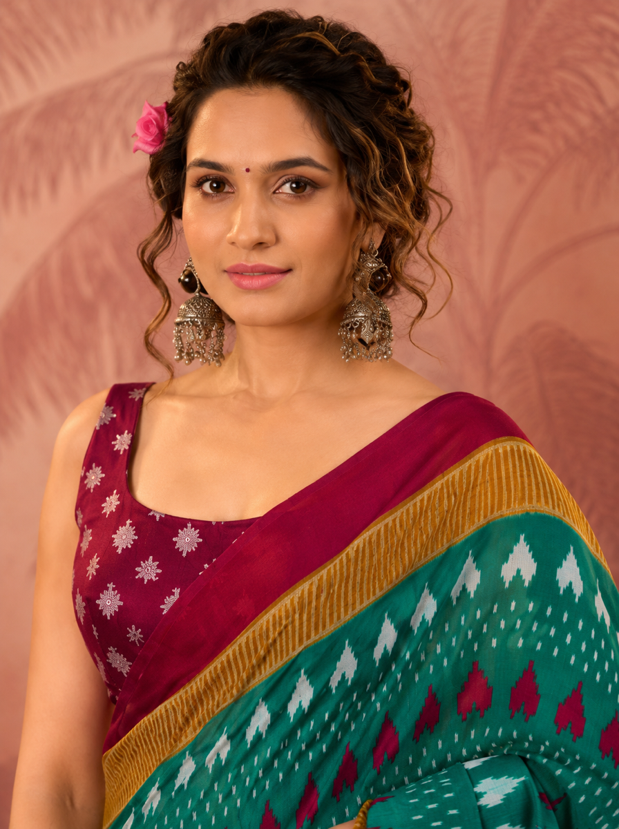 Rama green ikkat print cotton saree with blouse