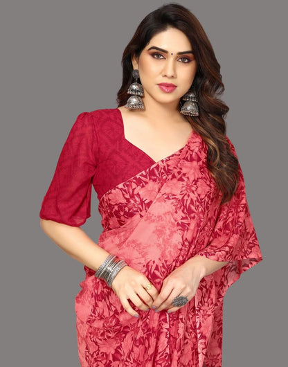 Georgette Floral Maroon and Pink Saree