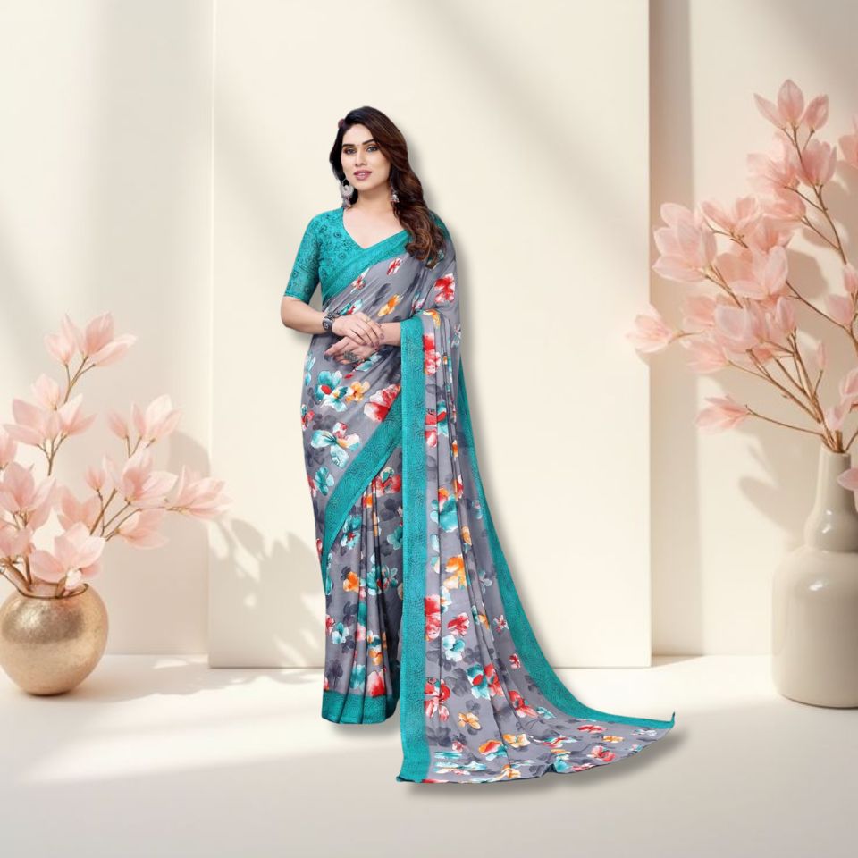 Georgette Floral Green Saree