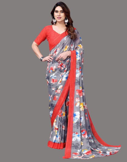 Georgette Floral Red Pink Saree