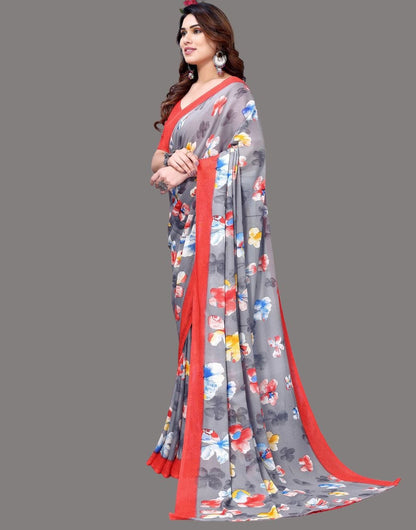 Georgette Floral Red Pink Saree