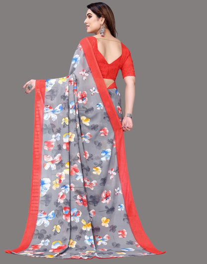 Georgette Floral Red Pink Saree