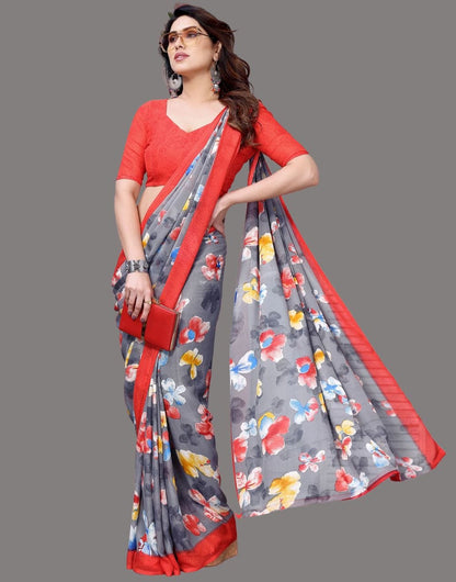 Georgette Floral Red Pink Saree