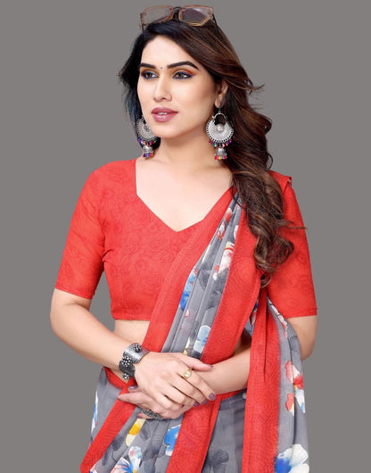 Georgette Floral Red Pink Saree