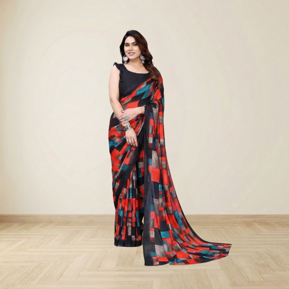 Georgette Geometric Navy Blue Saree