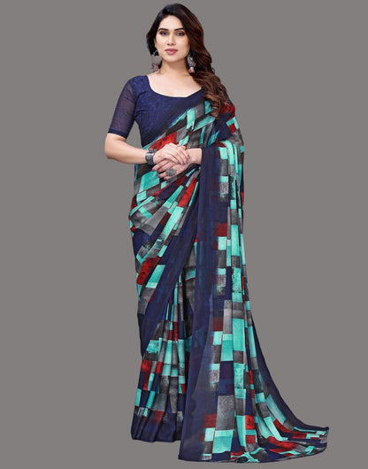 Georgette Geometric Black and Blue Saree
