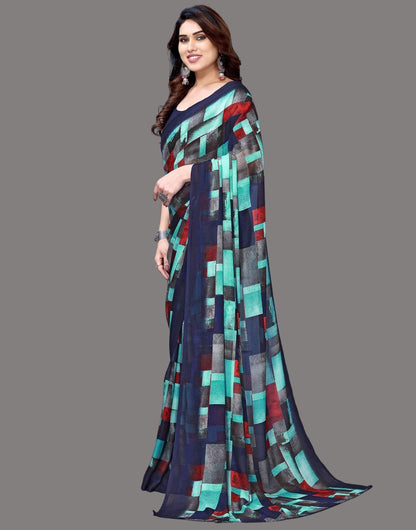 Georgette Geometric Black and Blue Saree