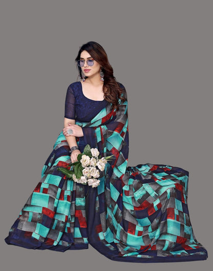 Georgette Geometric Black and Blue Saree