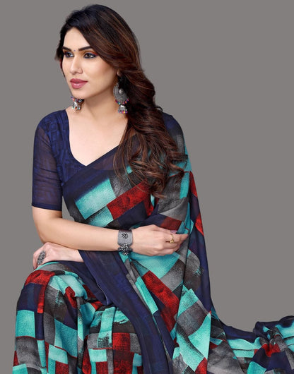 Georgette Geometric Black and Blue Saree