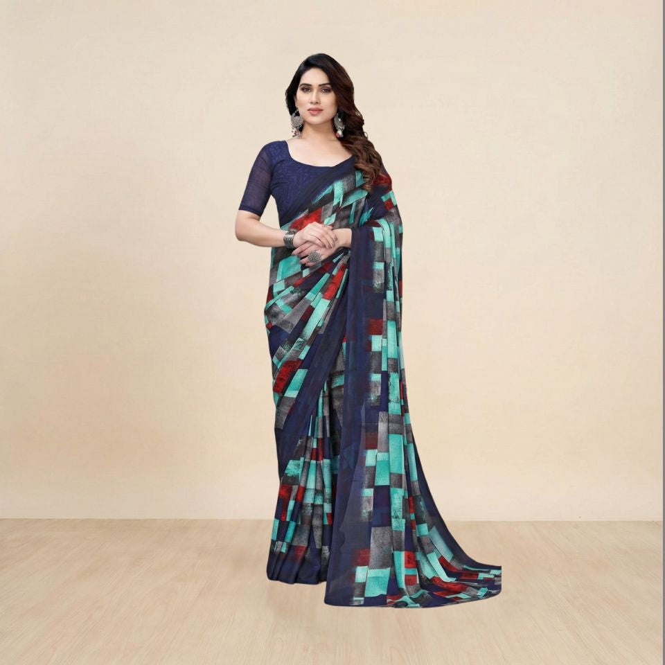 Georgette Geometric Black and Blue Saree