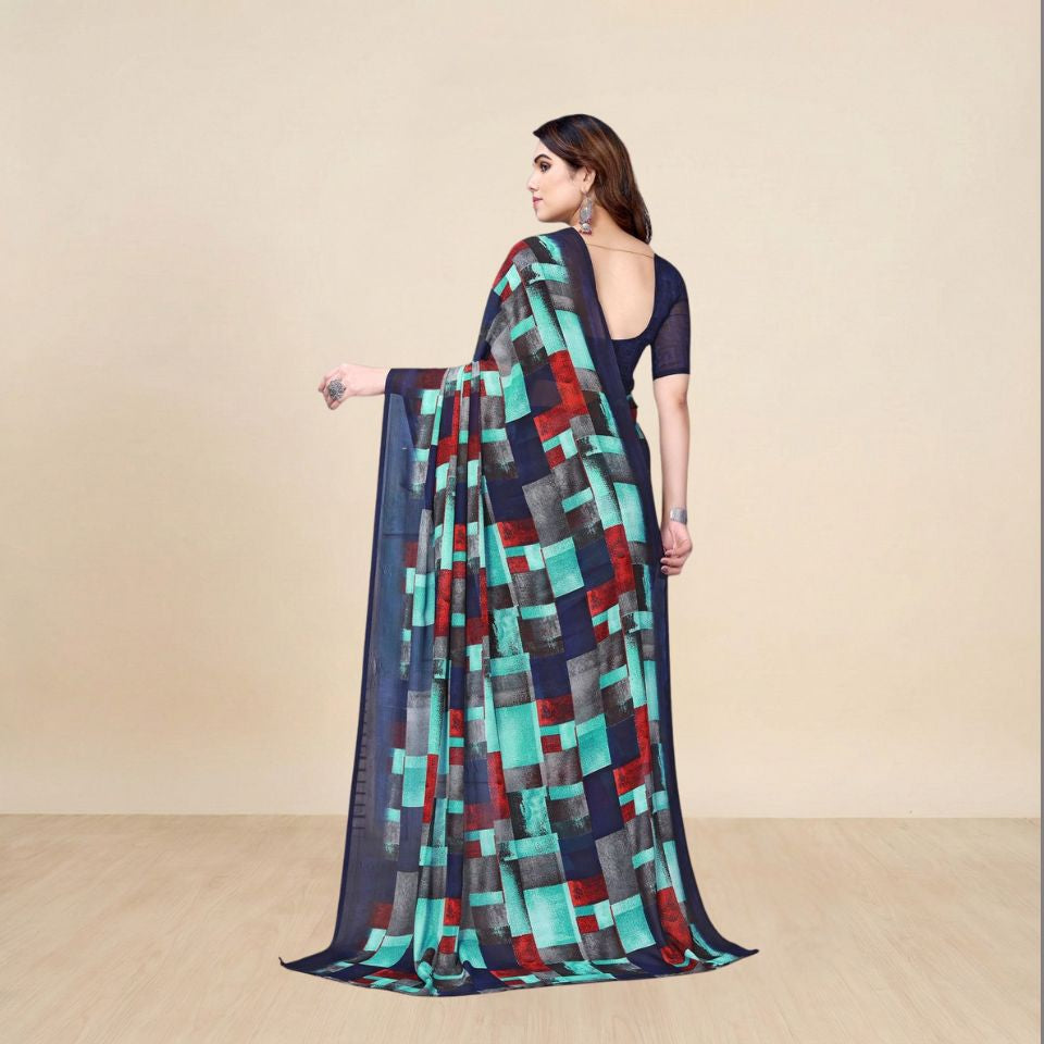 Georgette Geometric Black and Blue Saree