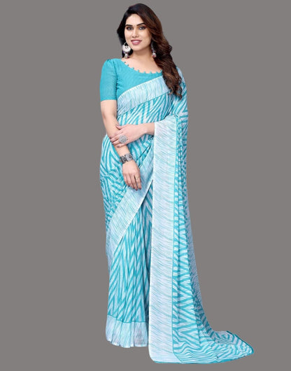 Georgette Geometric White and Turquoise Saree