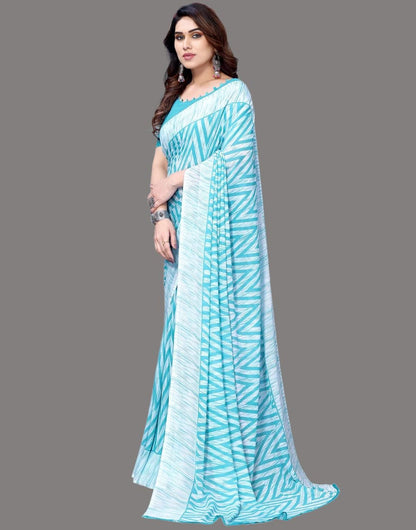 Georgette Geometric White and Turquoise Saree